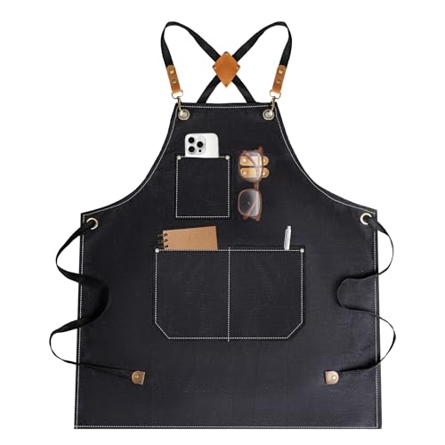 YELEGAI Aprons For Women Men With Large Pockets, Waterproof Cotton Chef Aprons For Cooking Server Grilling Bbq Kitchen Gardening (1, Pure Black) - Image 1