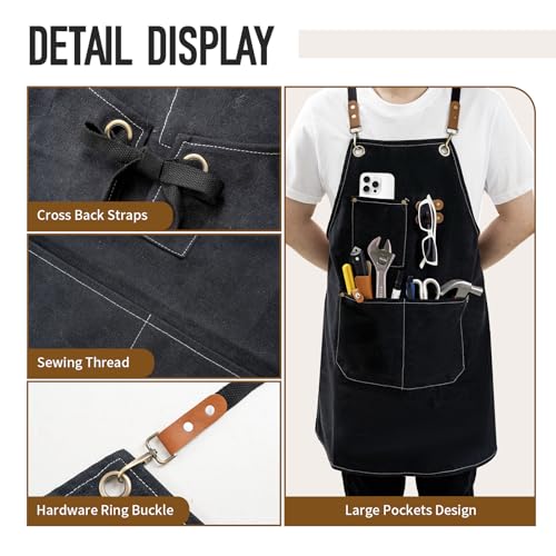 YELEGAI Aprons For Women Men With Large Pockets, Waterproof Cotton Chef Aprons For Cooking Server Grilling Bbq Kitchen Gardening (1, Pure Black) - Image 4
