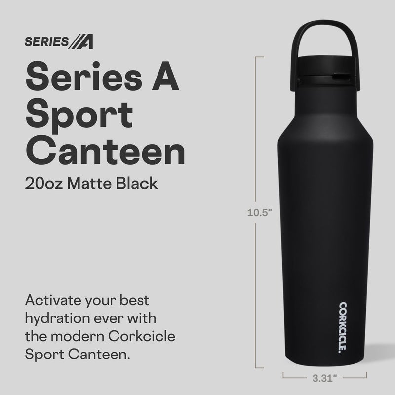 Corkcicle Sport Canteen - Keeps Drinks Cold 25 Hours - Stainless Steel Water Bottle - Triple-Insulated - Spill-Proof - Summer Drinkware Gift - Keeps Drinks Ice Cold - 20 oz - Matte Black - Image 2
