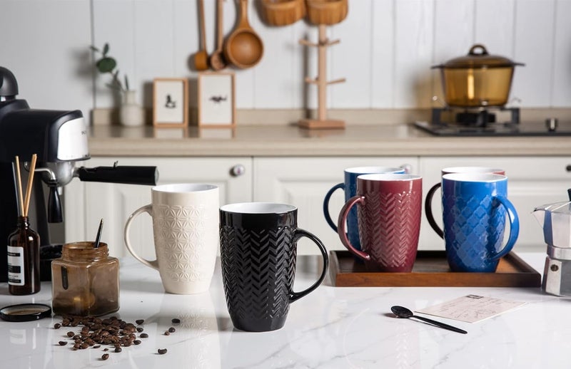 AmorArc Large Coffee Mugs Set of 6 16oz Ceramic Tall Coffee Mugs Set with Textured Geometric Patterns for LatteTeaBeerHot Cocoa Dishwasher  Microwave Safe BlackBlue - Image 3