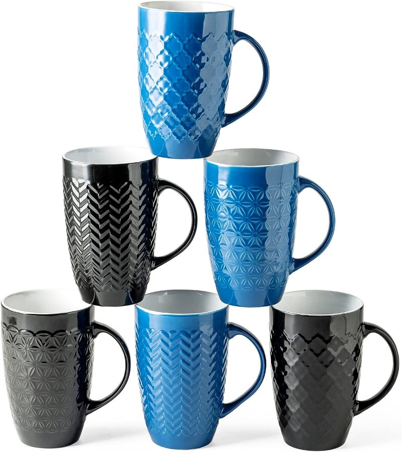 AmorArc Large Coffee Mugs Set of 6 16oz Ceramic Tall Coffee Mugs Set with Textured Geometric Patterns for LatteTeaBeerHot Cocoa Dishwasher  Microwave Safe BlackBlue - Image 1