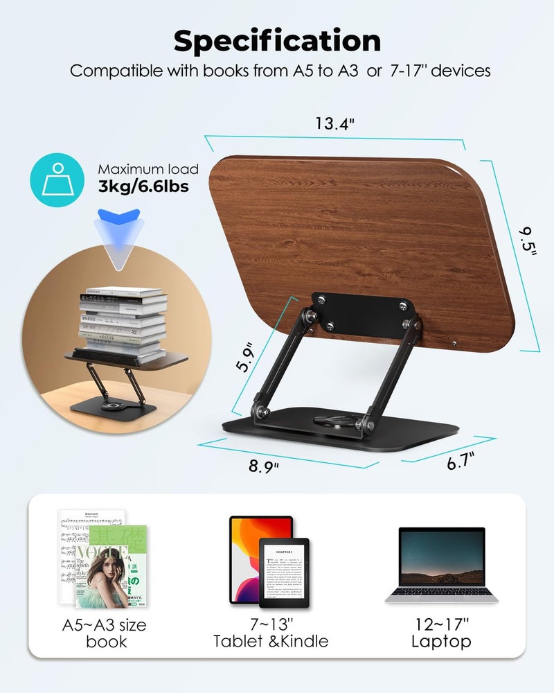 Viozon Book Stand for Reading,Book Holder, Height&Angle Adjustable, 360Â° Rotating Base, Foldable and Portable, Lightweight for Office, Kitchen, School Textbook, Recipe, Magazine,Kindle,Tablet DW - Image 5