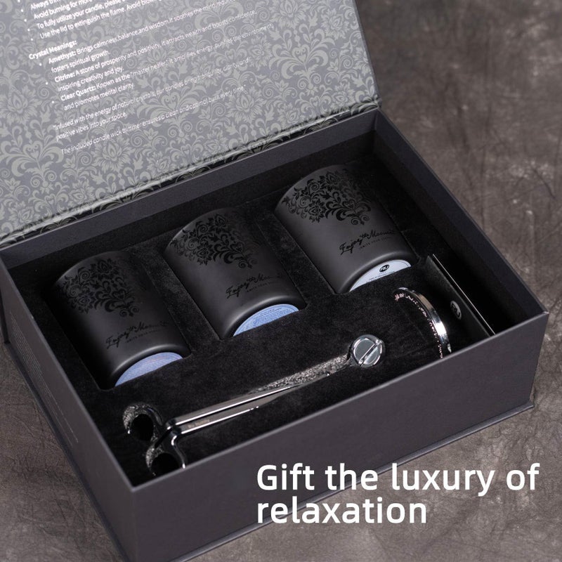 RU HANDMADE Luxury Black Scented Candles Gift Set for Men â€“ 3Ã—7oz Soy & Beeswax Crystal Candles with Wick Trimmer & Snuffer, Masculine Woodsy Aromatherapy Candles for Home, Birthday & Holiday Gifts for Him - Image 3