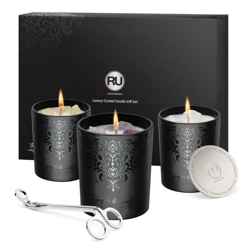RU HANDMADE Luxury Black Scented Candles Gift Set for Men â€“ 3Ã—7oz Soy & Beeswax Crystal Candles with Wick Trimmer & Snuffer, Masculine Woodsy Aromatherapy Candles for Home, Birthday & Holiday Gifts for Him - Image 1