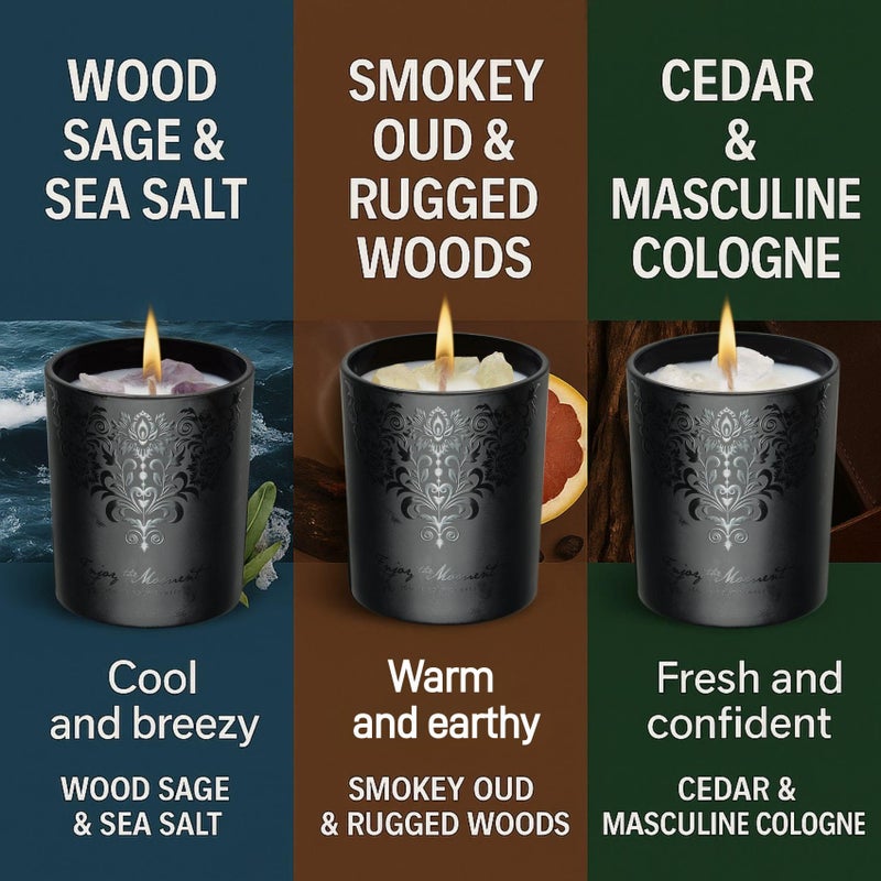 RU HANDMADE Luxury Black Scented Candles Gift Set for Men â€“ 3Ã—7oz Soy & Beeswax Crystal Candles with Wick Trimmer & Snuffer, Masculine Woodsy Aromatherapy Candles for Home, Birthday & Holiday Gifts for Him - Image 4