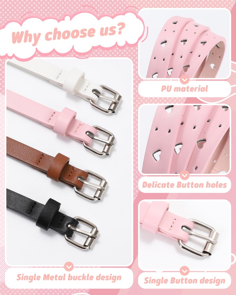 Kajeer Kids Belt for Girls,4 Pcs Durable PU Leather Belt Metal Buckle Heart Circle Hole Youth Toddler Belt for Uniform Casual - Image 3