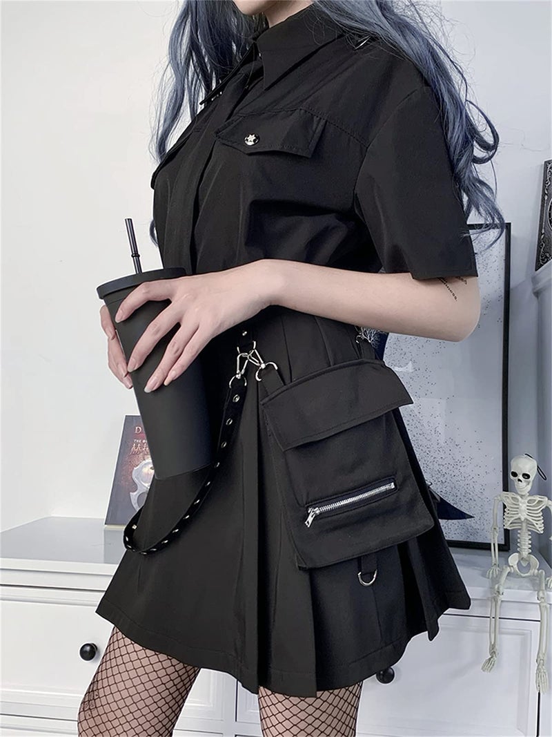 FIDDY898 Womenâ€™s High Waisted Goth Skirt Black Mini Skirts with Chain Short A-line Pleated School Tennis Skirt Dress Punk S - Image 3
