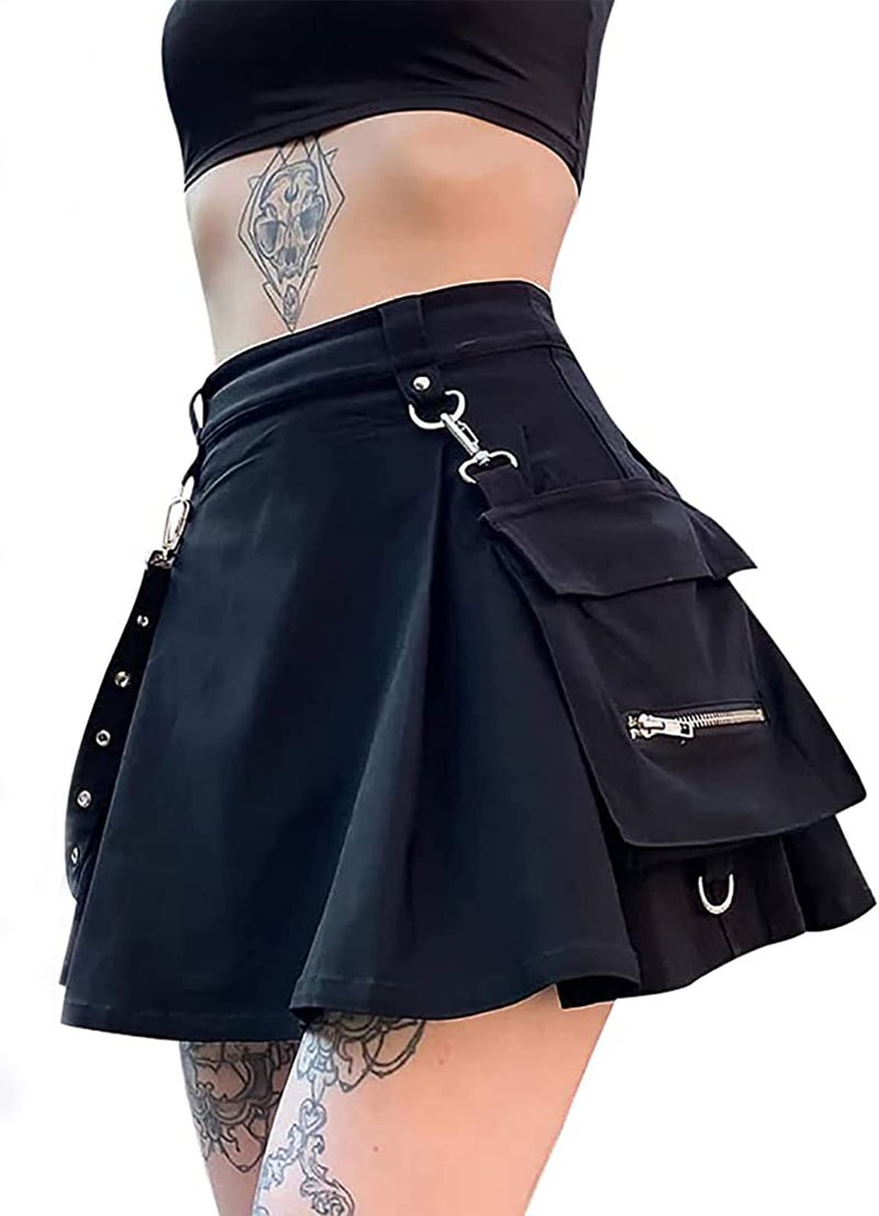 FIDDY898 Womenâ€™s High Waisted Goth Skirt Black Mini Skirts with Chain Short A-line Pleated School Tennis Skirt Dress Punk S - Image 1