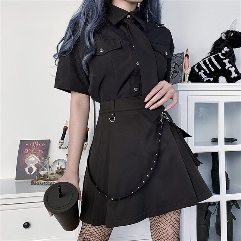 FIDDY898 Womenâ€™s High Waisted Goth Skirt Black Mini Skirts with Chain Short A-line Pleated School Tennis Skirt Dress Punk S - Image 2