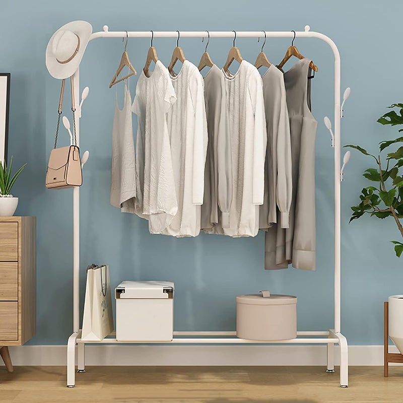 Ozoy Metal Multifunctional Garment Stand Cloth Rack Freestanding Storage Organizer with Bottom Shelves Single Pole Coat Hanger 150 x 110 x 40 CM WHITE - Image 1
