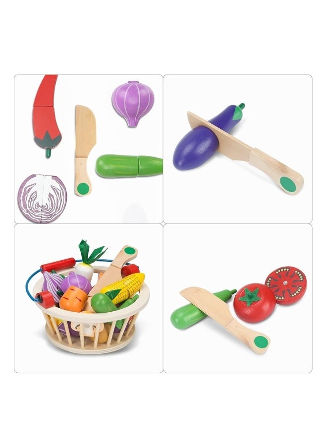 Victostar - Victostar Magnetic Wooden Cutting Fruits Vegetables Food Play Toy Set with Basket for Kids (Vegetables) - Image 1