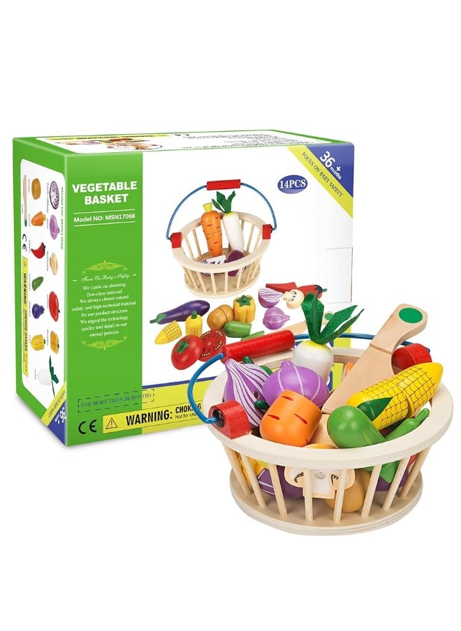 Victostar - Victostar Magnetic Wooden Cutting Fruits Vegetables Food Play Toy Set with Basket for Kids (Vegetables) - Image 1