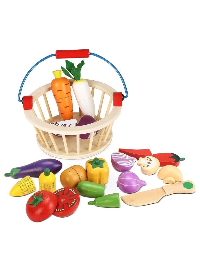 Victostar - Victostar Magnetic Wooden Cutting Fruits Vegetables Food Play Toy Set with Basket for Kids (Vegetables) - Image 1