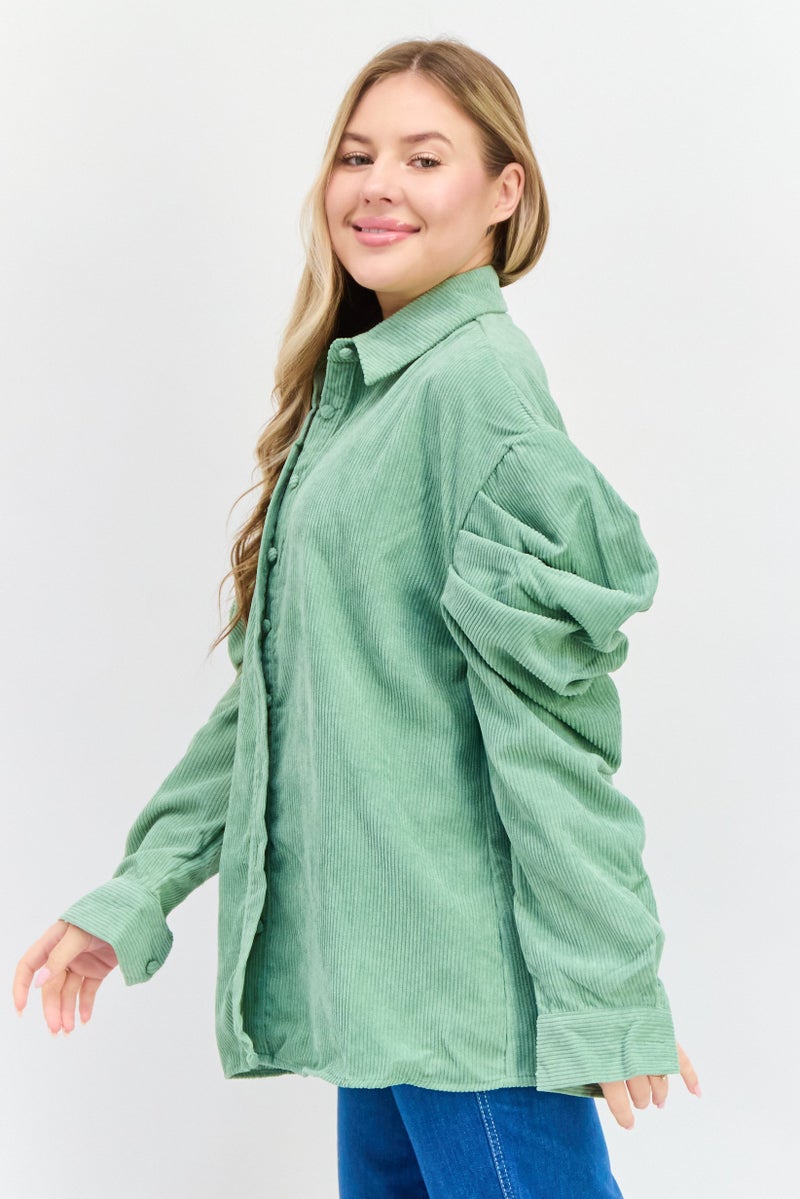 Missguided Women Spread Collar Puffed Sleeves Textured Shirt, Sage Green - Image 2