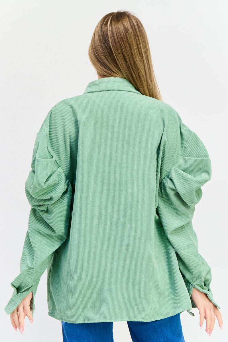 Missguided Women Spread Collar Puffed Sleeves Textured Shirt, Sage Green - Image 3