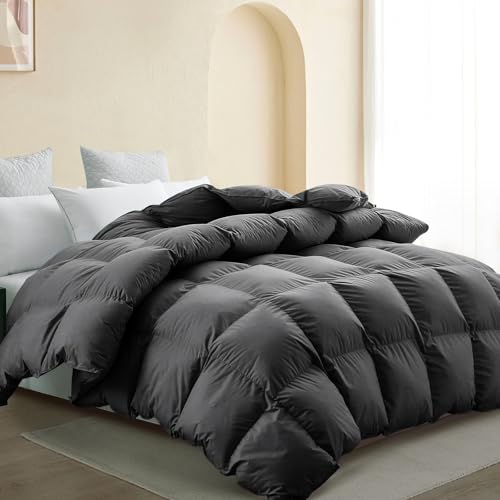 SNOWMAN Premium Down Comforter Queen Size Luxurious Heavyweight Duvet Insert with Cotton Blended Fabric 3D Baffle Box Design Medium Warm Hotel Bedding Comforter Dark Grey90x90 - Image 1