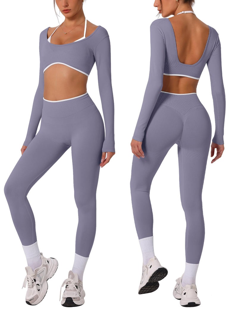 ABOCIW Workout Sets for Women Seamless Color Block Backless Long Sleeve Crop Top Scrunch Butt Lifting High Waist Leggings 2 Piece Gym Yoga Outfits Ice Gray Small - Image 2