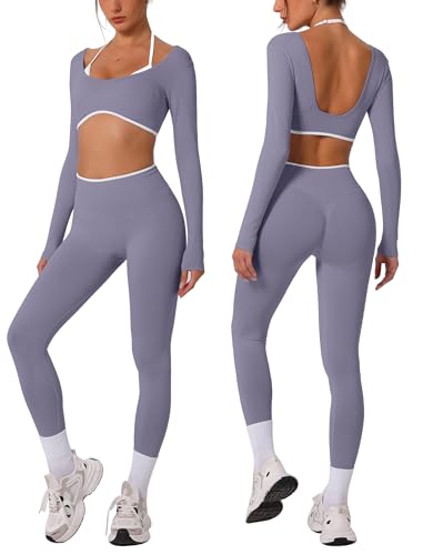ABOCIW Workout Sets for Women Seamless Color Block Backless Long Sleeve Crop Top Scrunch Butt Lifting High Waist Leggings 2 Piece Gym Yoga Outfits Ice Gray Small - Image 1