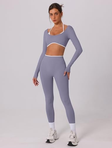 ABOCIW Workout Sets for Women Seamless Color Block Backless Long Sleeve Crop Top Scrunch Butt Lifting High Waist Leggings 2 Piece Gym Yoga Outfits Ice Gray Small - Image 3