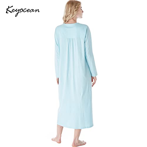 Keyocean Embroidered Nightgowns for Women, Soft Comfortable Lightweight 100% Cotton Long Sleeve Ladies Sleeping Gown, Turquoise Color, Medium - Image 2