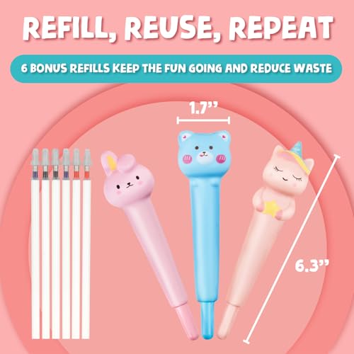 BUNMO Cute Pens 3 Pack - Stocking Stuffers for Girls - Tween Gifts - 6 Refills Included - Squishy Fun Pens for Kids - Squishy Kawaii Animals for Stationery - Girls Stocking Stuffers - Image 3