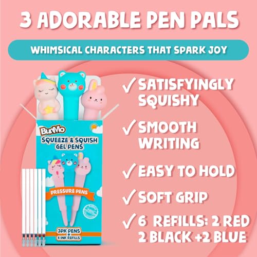 BUNMO Cute Pens 3 Pack - Stocking Stuffers for Girls - Tween Gifts - 6 Refills Included - Squishy Fun Pens for Kids - Squishy Kawaii Animals for Stationery - Girls Stocking Stuffers - Image 4
