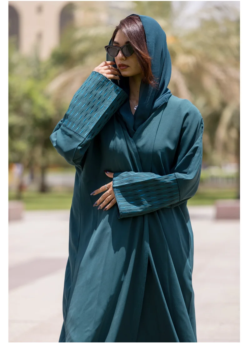 FASHION LINE Unique Design Abaya V-Open Neck Sleeve Embroidered with Teal Blue