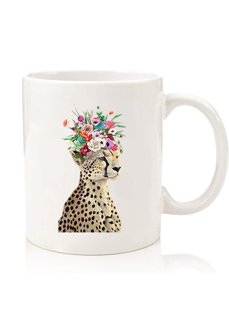 Theodor فنجان قهوة مطبوع بجودة ممتازة من الجهتين لكوب الشاي للاستخدام المنزلي والمكتبي، للأطفال والرجال والنساء، نمط الفهد والزهور - Image 1