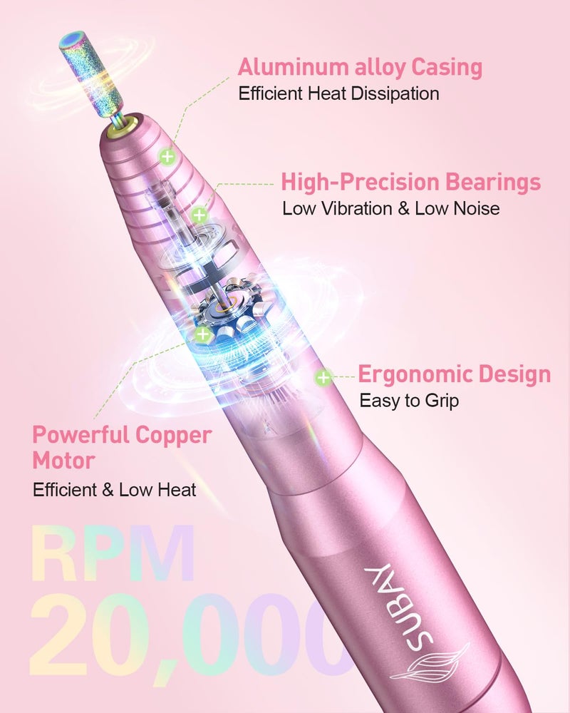 Subay Electric Nail Drill, Portable Electric Nail File for Acrylic Gel Nails, Manicure Pedicure Tool with 6 Bits and 26 Sanding Bands for Home and Salon Use - Pink - Image 2