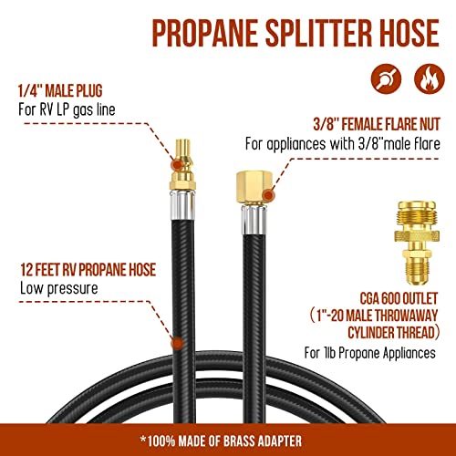 Alloxity 12 FT Propane Quick Connect Hose for RV to Gas Grill, 1/4" Quick to 3/8" Female Nut, with Adapter 1lb Appliances to 5-40lb Tanks for Weber/Coleman/Blackstone Grill, Buddy Heater, Smoker, Camping Stove - Image 2