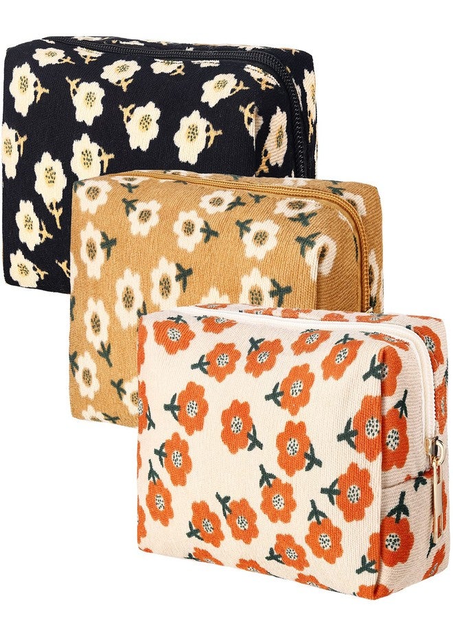 Photect 3 Pcs Floral Makeup Bag Corduroy Small Pouch Canvas Cosmetic Bag Mini Toiletry Zipper Travel Pouch for Women Graduation Gift Makeup Organizer Storage Accessories(Square) - Image 1