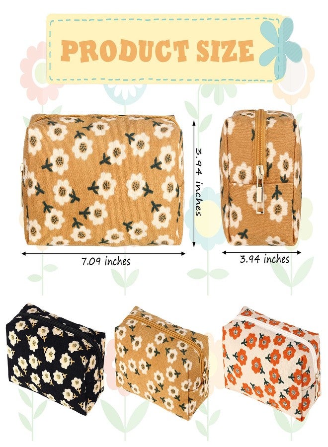 Photect 3 Pcs Floral Makeup Bag Corduroy Small Pouch Canvas Cosmetic Bag Mini Toiletry Zipper Travel Pouch for Women Graduation Gift Makeup Organizer Storage Accessories(Square) - Image 2