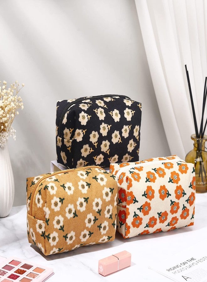 Photect 3 Pcs Floral Makeup Bag Corduroy Small Pouch Canvas Cosmetic Bag Mini Toiletry Zipper Travel Pouch for Women Graduation Gift Makeup Organizer Storage Accessories(Square) - Image 3