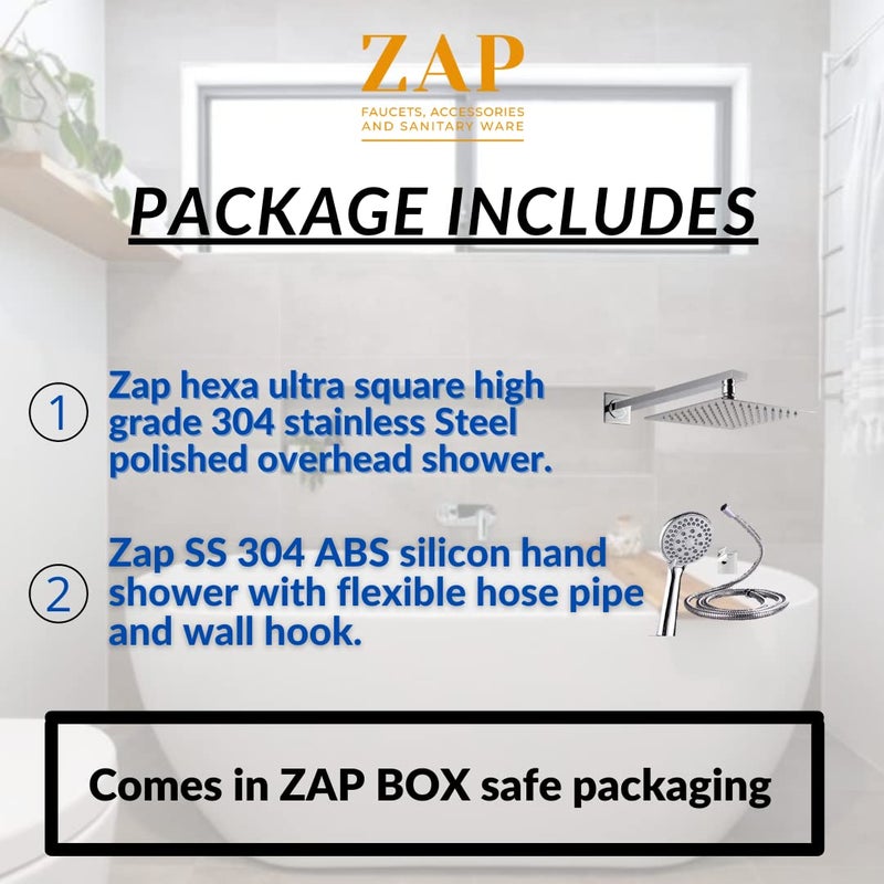 ZAP ZAP COMBO OF Hexa Ultra Square High Grade 304 SS Polished Overhead Shower with Rod and ABS Silicon Hand Shower with Flexible Hose Pipe and Wall Hook - Image 4