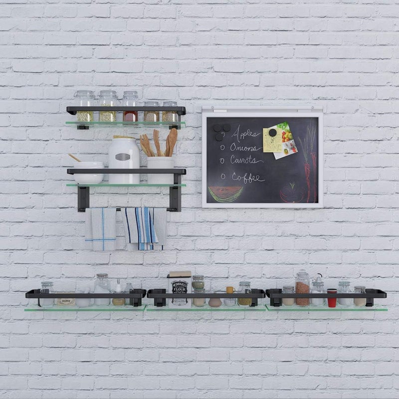 VOLPONE Glass Bathroom Shelf with Towel Bar 15.7in Bathroom Wall Shelves Rustproof Metal Bathroom Wall Organizer 2-Tier (Black) - Image 4