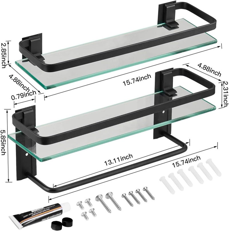 VOLPONE Glass Bathroom Shelf with Towel Bar 15.7in Bathroom Wall Shelves Rustproof Metal Bathroom Wall Organizer 2-Tier (Black) - Image 2