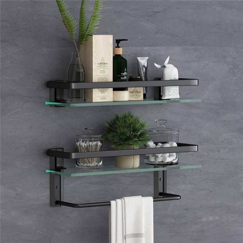 VOLPONE Glass Bathroom Shelf with Towel Bar 15.7in Bathroom Wall Shelves Rustproof Metal Bathroom Wall Organizer 2-Tier (Black) - Image 1
