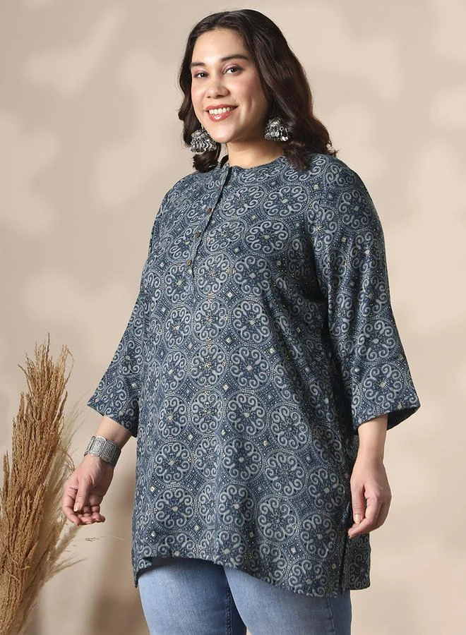 globus Plus Size Blue Printed Tunic Top with 3/4 Sleeves
