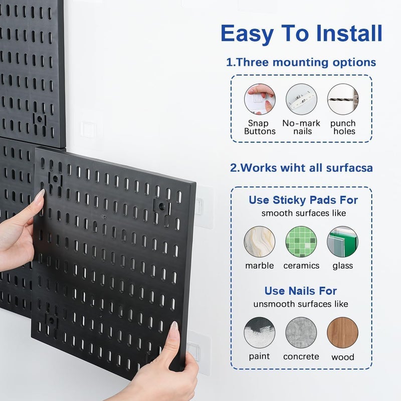 UREVO Modular Pegboard Wall Organizer Kit - 2 Pegboards with 10 Accessories, No Drill Installation, Space-Saving Storage for Kitchen, Office, Bathroom (Black) - Image 3