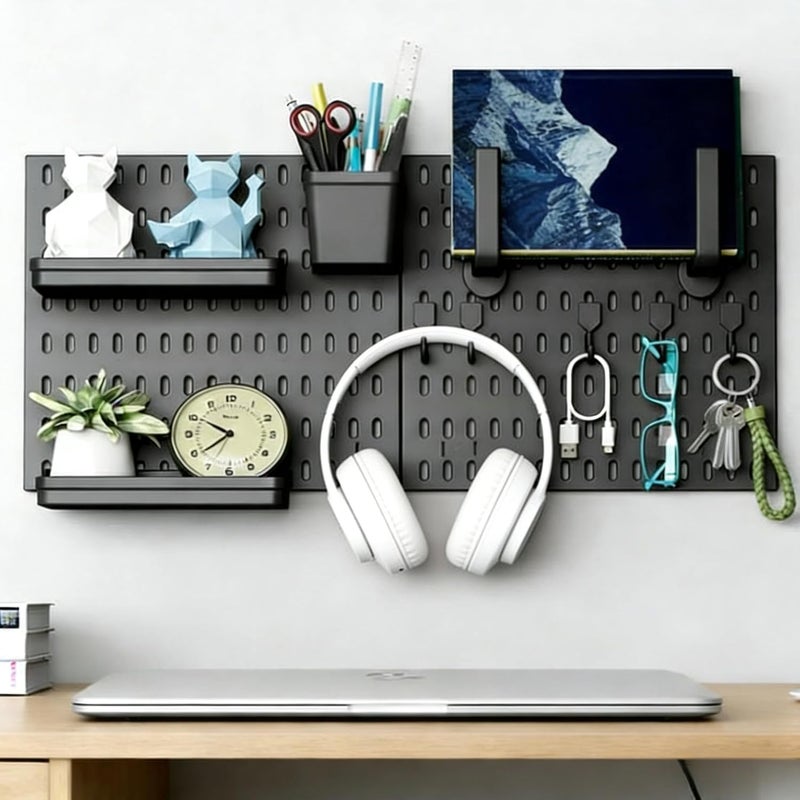 UREVO Modular Pegboard Wall Organizer Kit - 2 Pegboards with 10 Accessories, No Drill Installation, Space-Saving Storage for Kitchen, Office, Bathroom (Black) - Image 1