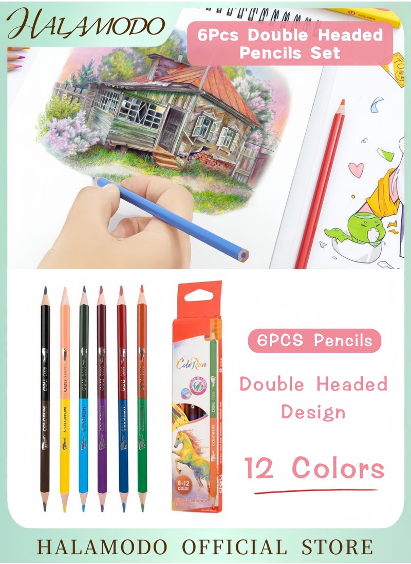 HALAMODO 6-Piece Dual-Ended Colored Pencils Set with 12 Vibrant Shades Premium Basswood Pencils with Triangular Ergonomic Design for Smooth Coloring Sketching & Artistic Creations  - Image 1