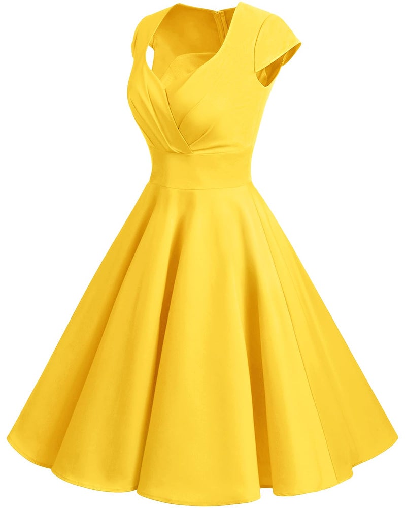 Bbonlinedress Yellow Vintage Summer Bridesmaid Dress 1950s Formal Cocktail Party Women Retro Rockabilly Swing Dress Yellow M - Image 5