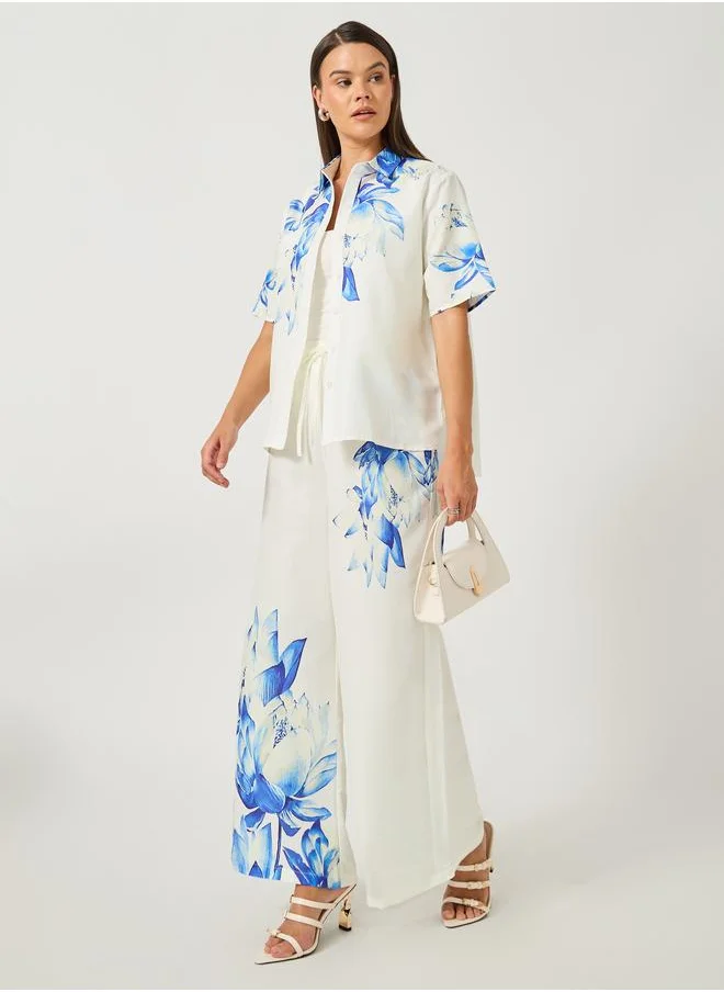ستايلي Styli Floral Printed Wide Leg Pants with Elasticated Waistband
