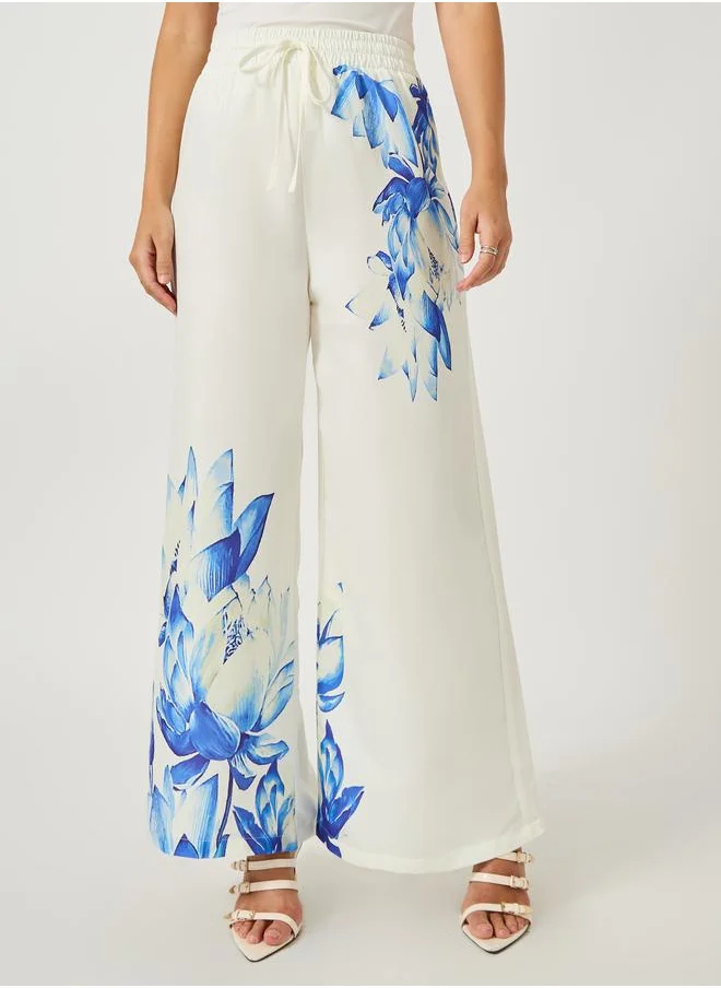 ستايلي Styli Floral Printed Wide Leg Pants with Elasticated Waistband