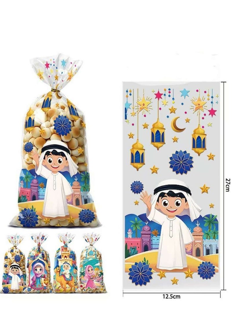 Generic 50 Piece Holiday Gift Bags – 4 Stylish Cartoon Designs, Cellophane Candy Flat Pockets with Gold Ribbon for Parties and Special Occasions  - Image 2