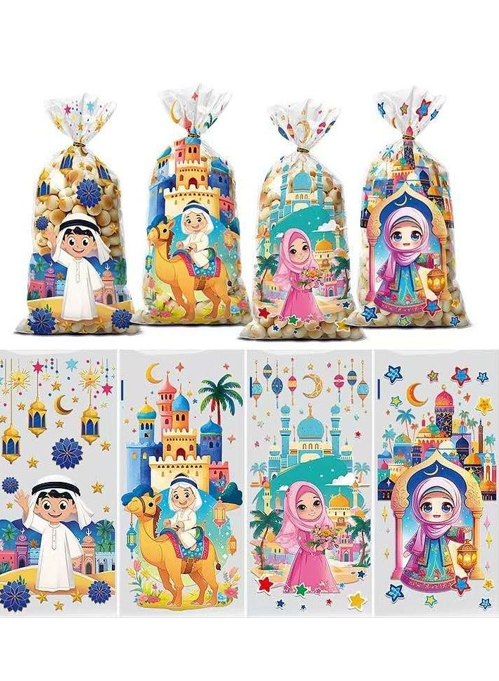Generic 50 Piece Holiday Gift Bags – 4 Stylish Cartoon Designs, Cellophane Candy Flat Pockets with Gold Ribbon for Parties and Special Occasions  - Image 1