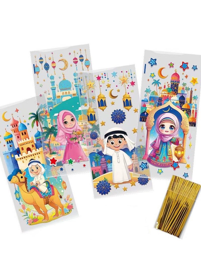 Generic 50 Piece Holiday Gift Bags – 4 Stylish Cartoon Designs, Cellophane Candy Flat Pockets with Gold Ribbon for Parties and Special Occasions  - Image 4