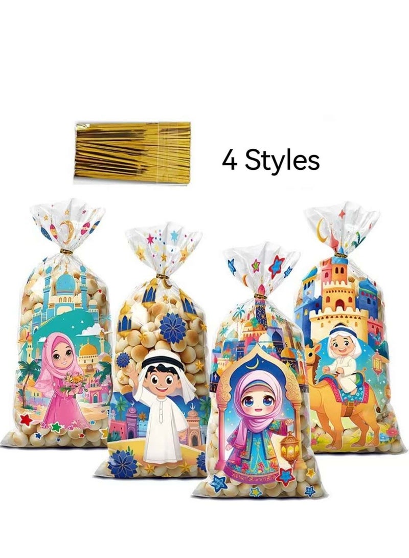 Generic 50 Piece Holiday Gift Bags – 4 Stylish Cartoon Designs, Cellophane Candy Flat Pockets with Gold Ribbon for Parties and Special Occasions  - Image 3