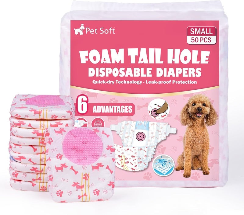 Pet Soft Dog Nappies for Female Dogs, Pack of 50 Disposable Nappies for Dogs and Cats, Highly Absorbent Cat Nappies, Heat Pants for Female Dogs, with Adjustable Tail Hole (S-50 Pieces) - Image 1