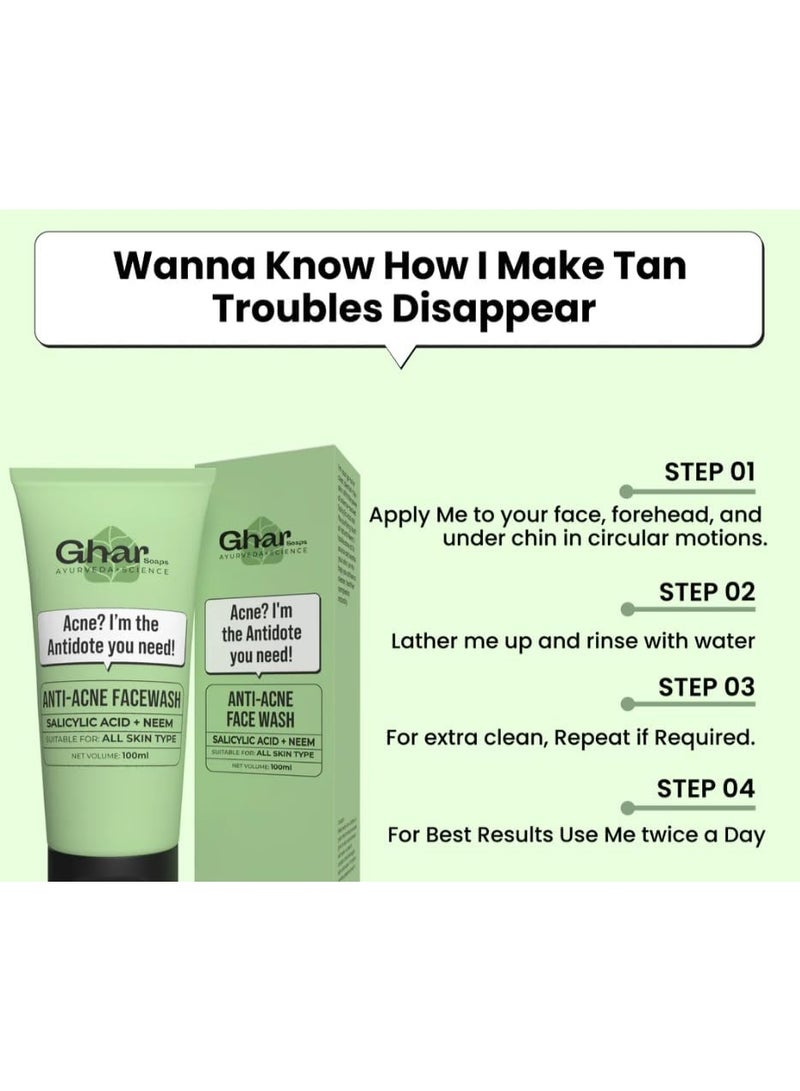 Ghar Soap 2% Anti-Acne Face Wash with Salicylic Acid & Neem | Natural & Herbal Cleanser for Acne-Prone Skin | Sulphate-Free Face Wash for Men & Women (100 ml) - Image 3